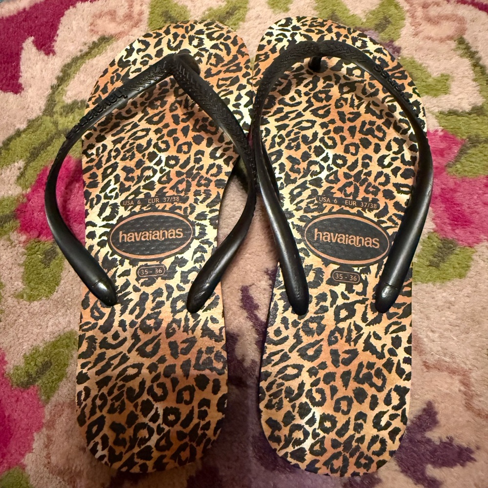 Havaianas Leopard Print Flip Flops with Black Straps